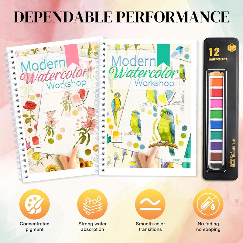 apolyone Watercolor Workbooks- 2 Pack Beginner Workbooks with 24 Coloring Book Pages - 12 Color blocks and a Brush - Watercolor Paper 300gsm/140lb - Gift for Women, Adults, Beginners (Birds & Flower) - Image 4